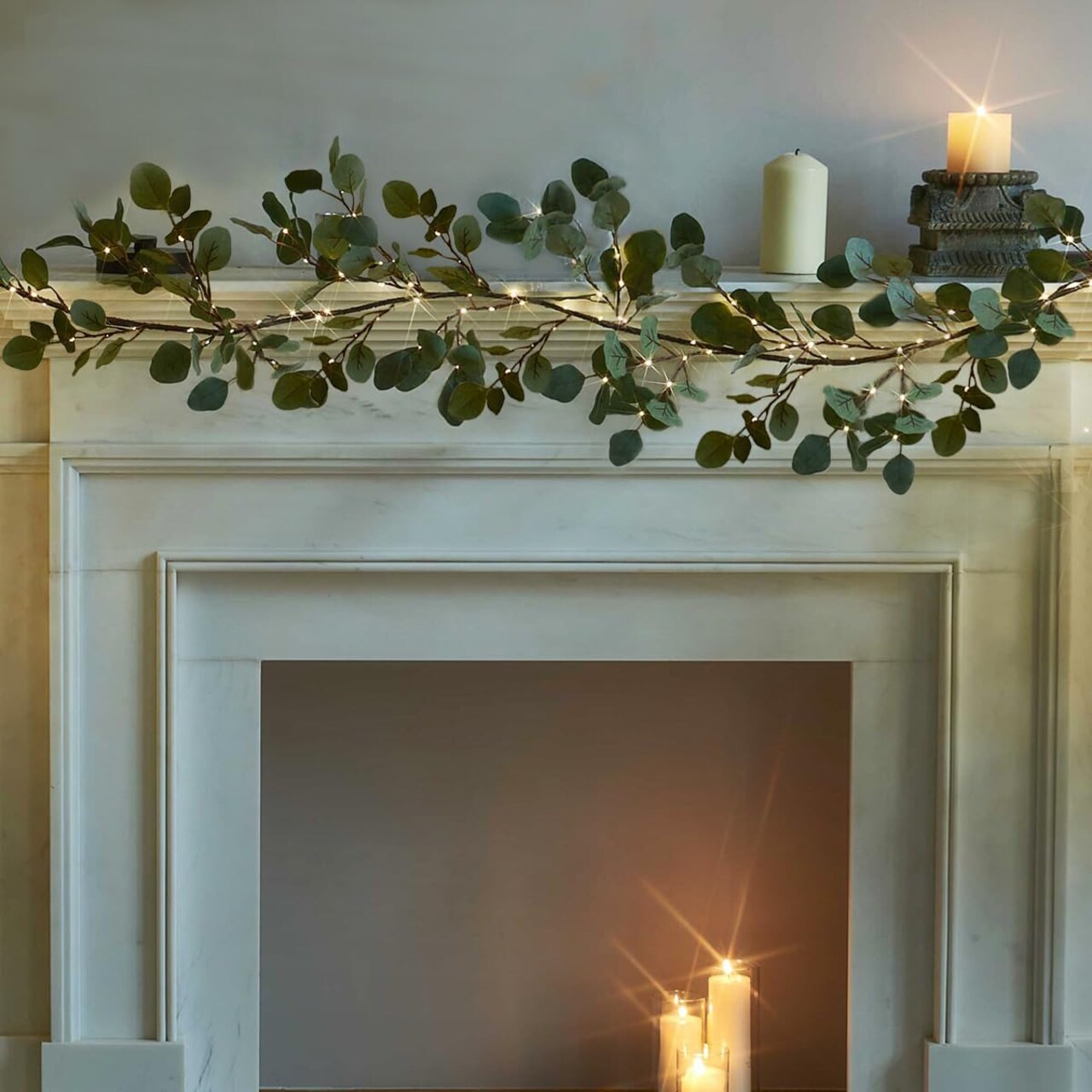 Lighted Twig Eucalyptus Garland 6FT 96 Warm White LED Battery Operated